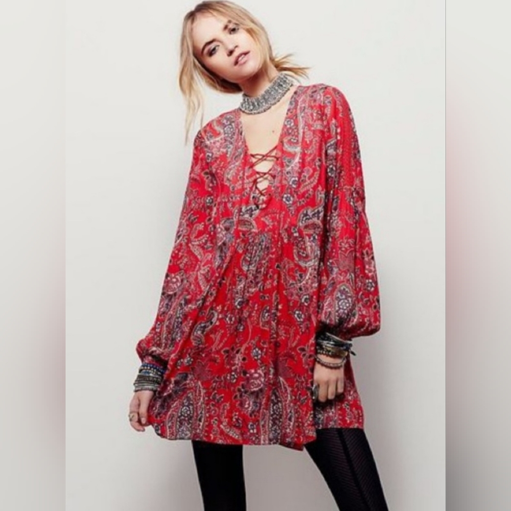 Free People Rain Or Shine Floral Paisley Long Sleeve Boho Mini Dress